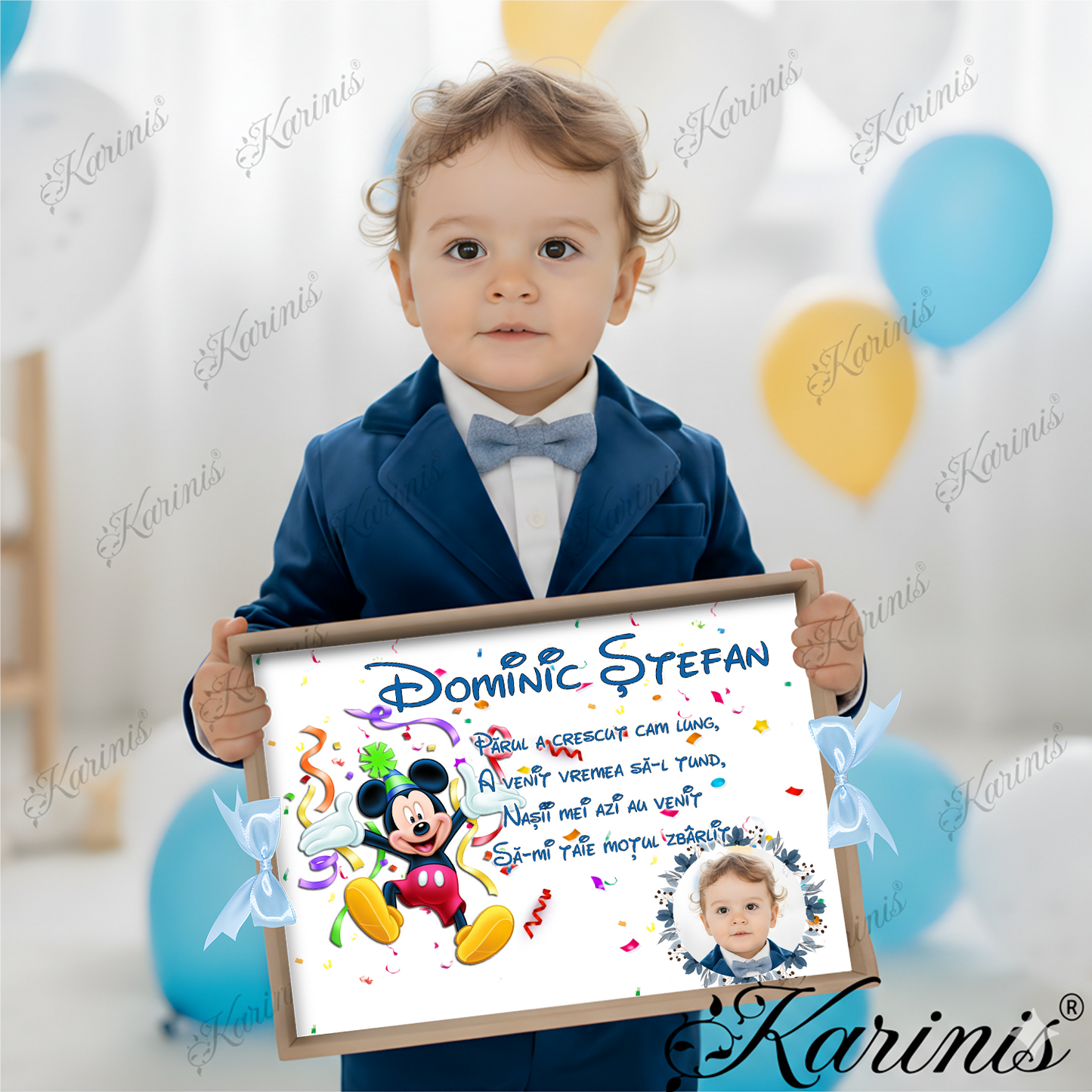 Set Tavita Mot Mickey Baby pentru Taierea Motului cu Funde Baby Blue - Tăvița Personalizată