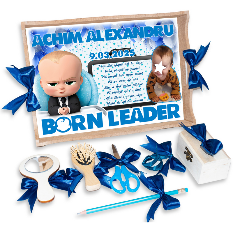 Tava pentru Mot Personalizata pentru baieti, Model Baby Boss, Culoare Natur, Funde Albastre