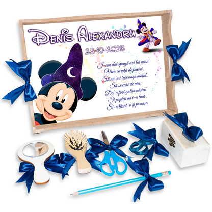 Tava pentru Mot Personalizata pentru baieti, Model Mickey Mouse, Culoare Natur, Funde Albastre