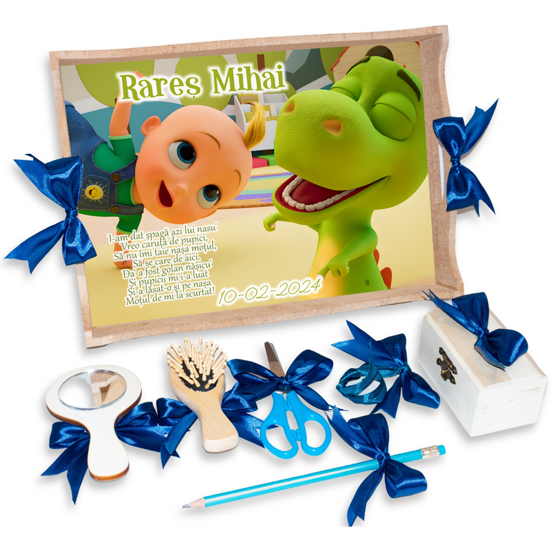 Tava pentru Mot Personalizata pentru baieti, Model Zigaloo Bebelusul  TraLaLa, Culoare Natur, Funde Albastre