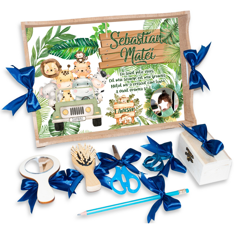 Tava pentru Mot Personalizata pentru baieti, Model Safari, Culoare Natur, Funde Albastre