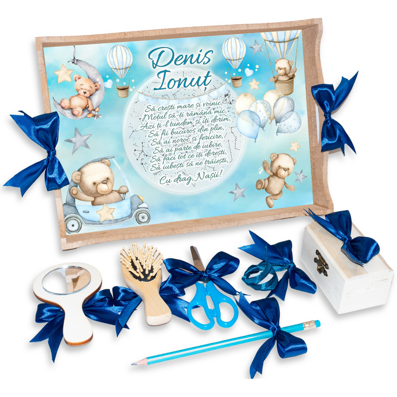 Tava pentru Mot Personalizata pentru baieti, Model Ursulet, Culoare Natur, Funde Albastre