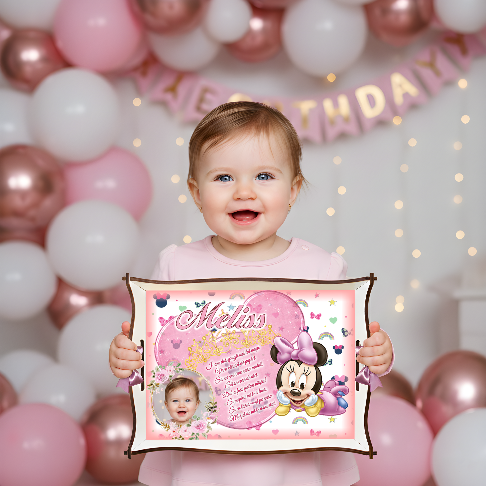 Set tăviță de moț cu Minnie Mouse – accesorii personalizate pentru primul an
