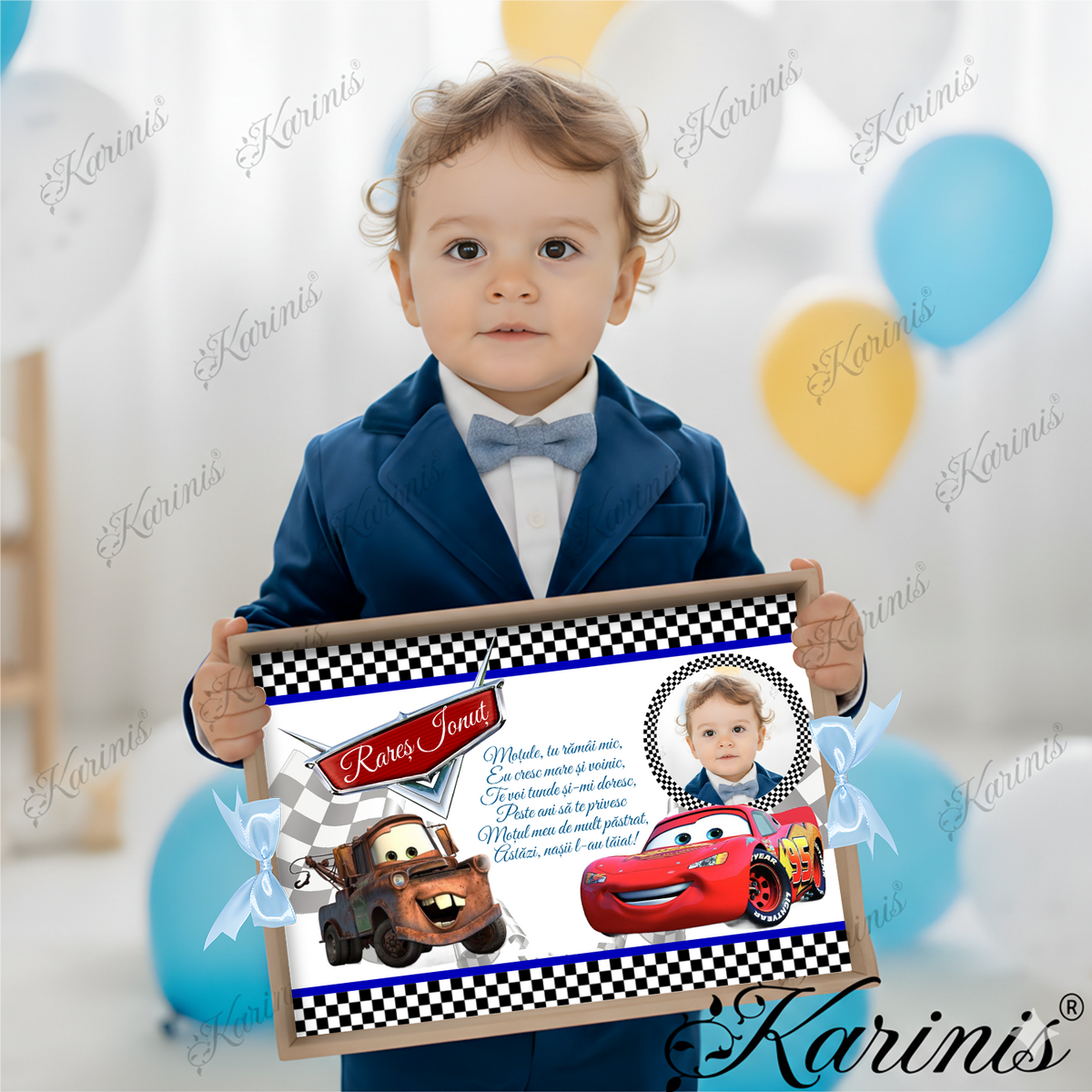 Set Tava Mot Cars cu Funde Baby Blue Personalizat - Tăvița Personalizată