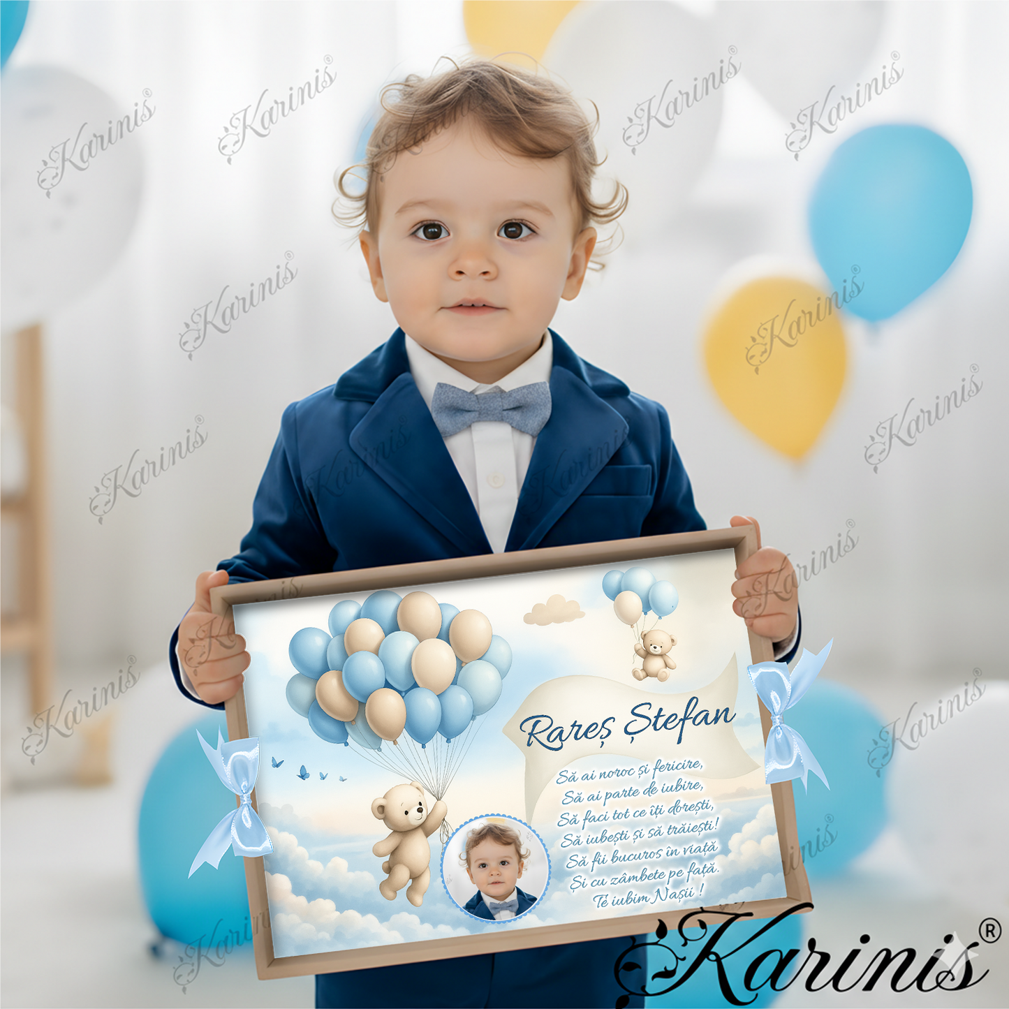 Set Tavita Mot Urs cu Baloane Personalizata cu Funde Baby Blue