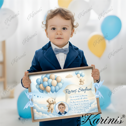 Set Tavita Mot Urs cu Baloane Personalizata cu Funde Baby Blue