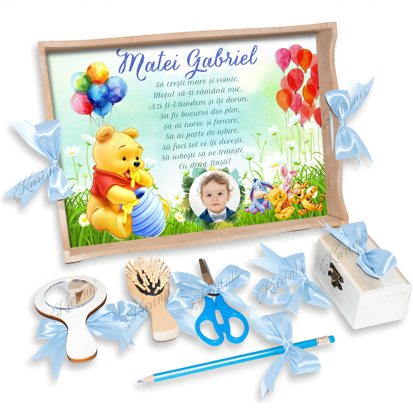 Tavita Mot Winnie The Pooh Baby Blue – Set Personalizat cu Funde Blue - Tăvița Personalizată
