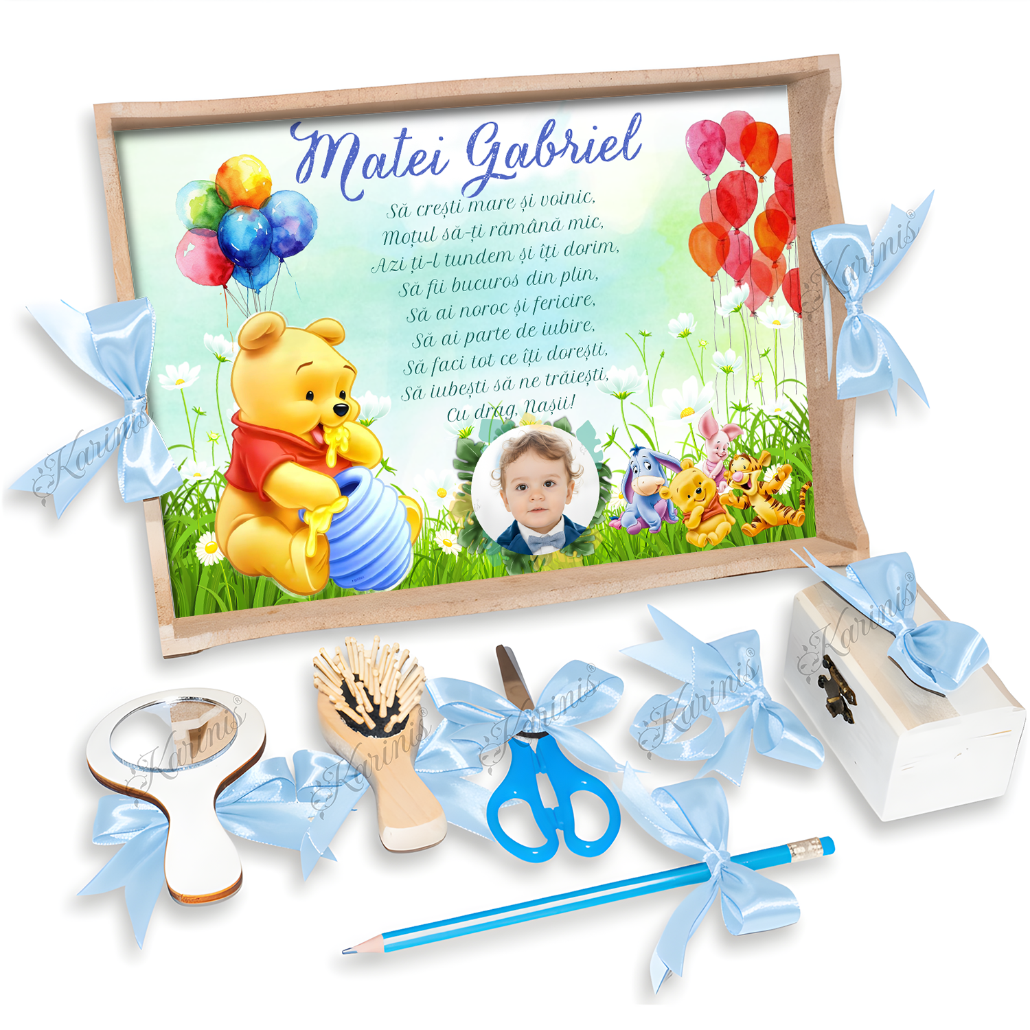 Tavita Mot Winnie The Pooh Baby Blue – Set Personalizat cu Funde Blue - Tăvița Personalizată