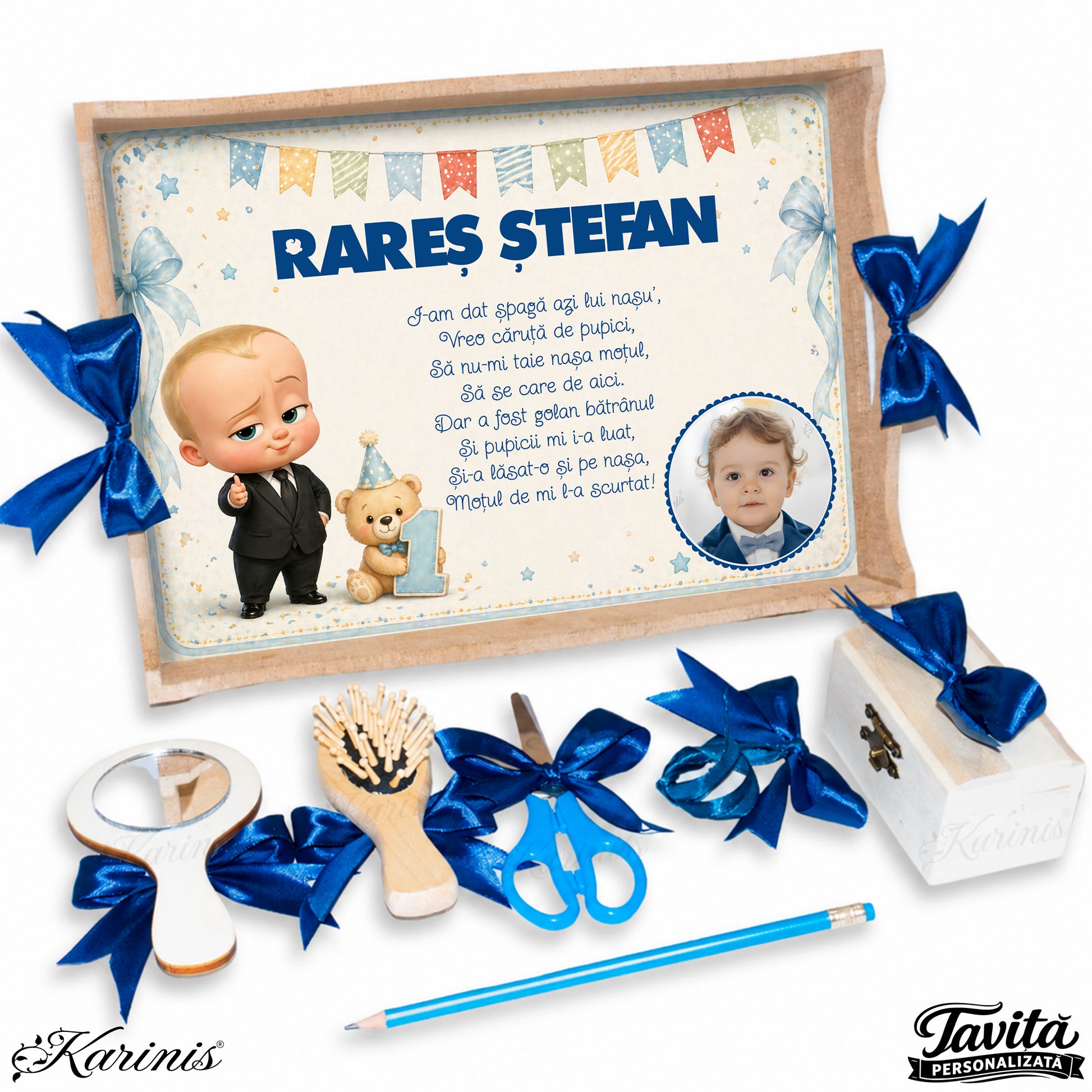 Tava de mot aniversara 1 an pentru baiat, model Bebe Boss cu poza, nume si poezie personalizata