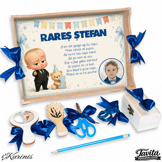 Tava de mot aniversara 1 an pentru baiat, model Bebe Boss cu poza, nume si poezie personalizata