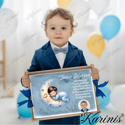Tava de mot aniversara 1 an pentru baiat, model albastru cu luna, poezie si poza personalizata
