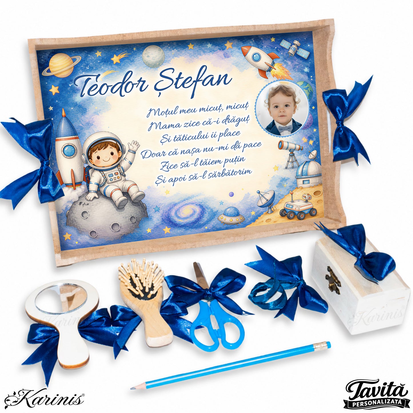 Tava de mot aniversara 1 an pentru baiat, model spatiu cu astronaut, nume, poza si poezie personalizata
