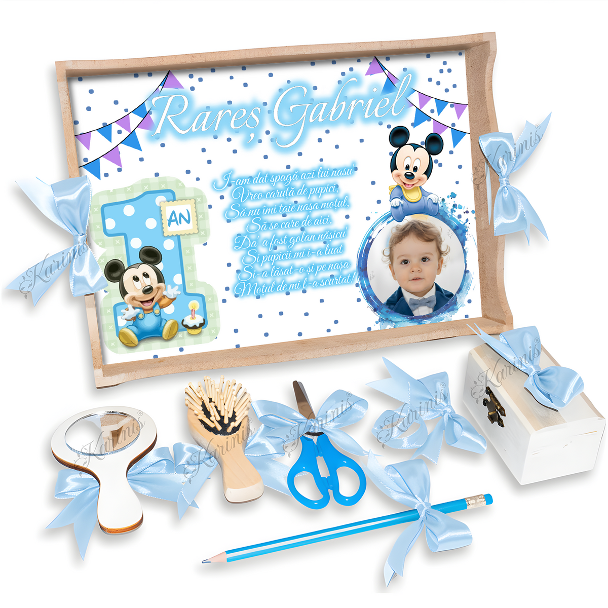 Tava Mot Baby Mickey Celebration Baby Blue Personalizata - Tăvița Personalizată