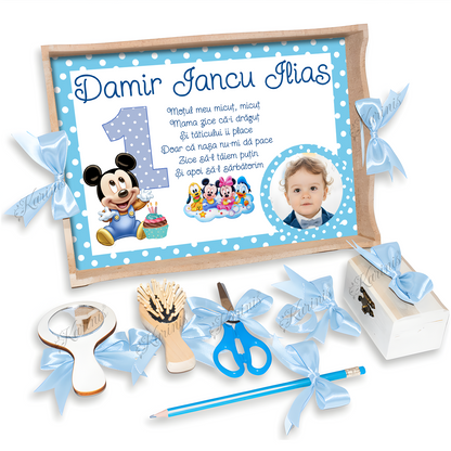 Set Mot Baby Mickey si Prietenii – Tavita Baby Blue cu Funde - Tăvița Personalizată