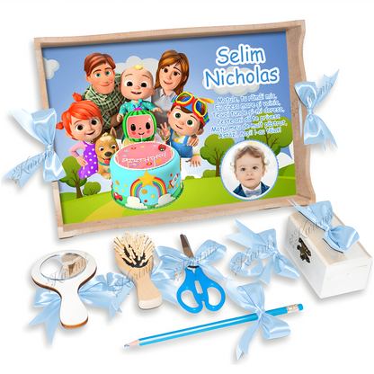 Set Mot Cocomelon Tavita Personalizata cu Funde Baby Blue - Tăvița Personalizată