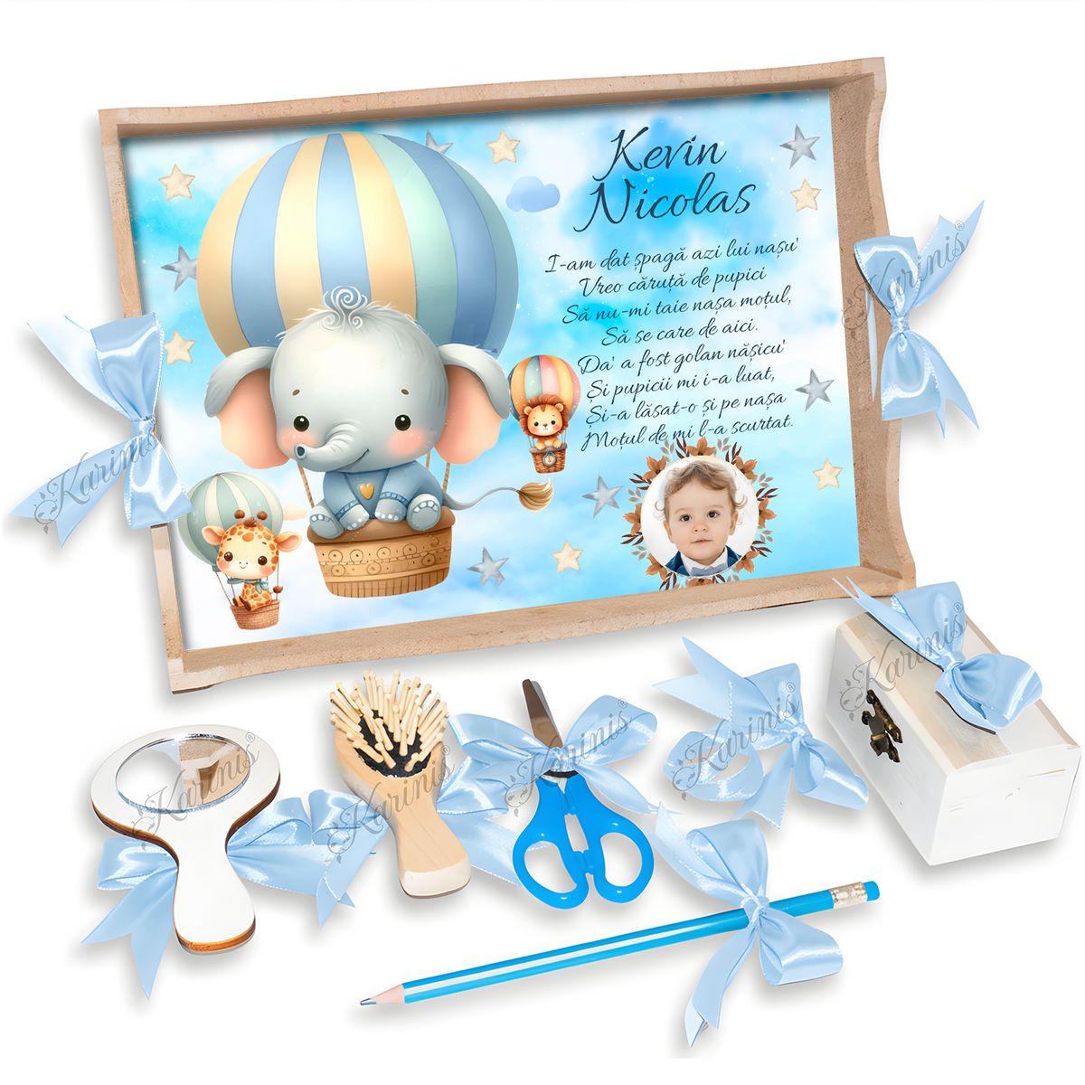 Set Tavita Mot Elefant cu Funde Baby Blue - Tăvița Personalizată