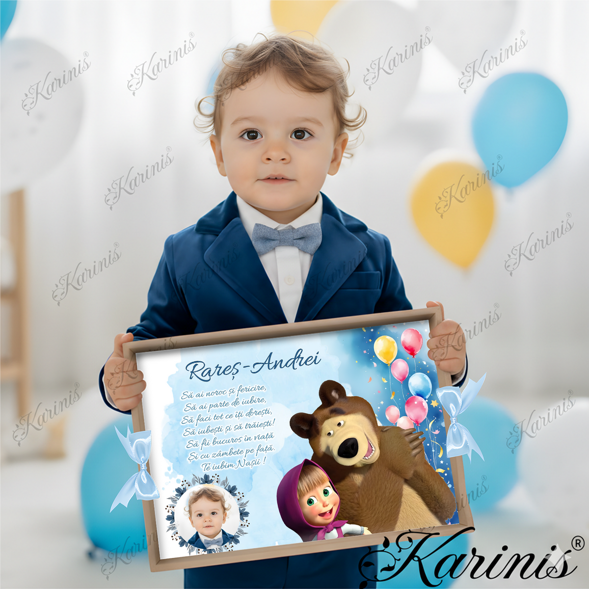 Set Tavita Mot Masha si Ursul cu Funde Baby Blue - Tăvița Personalizată