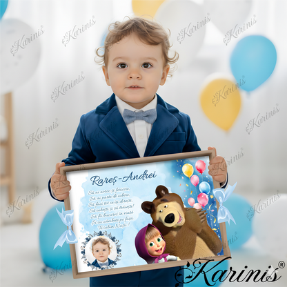 Set Tavita Mot Masha si Ursul cu Funde Baby Blue - Tăvița Personalizată