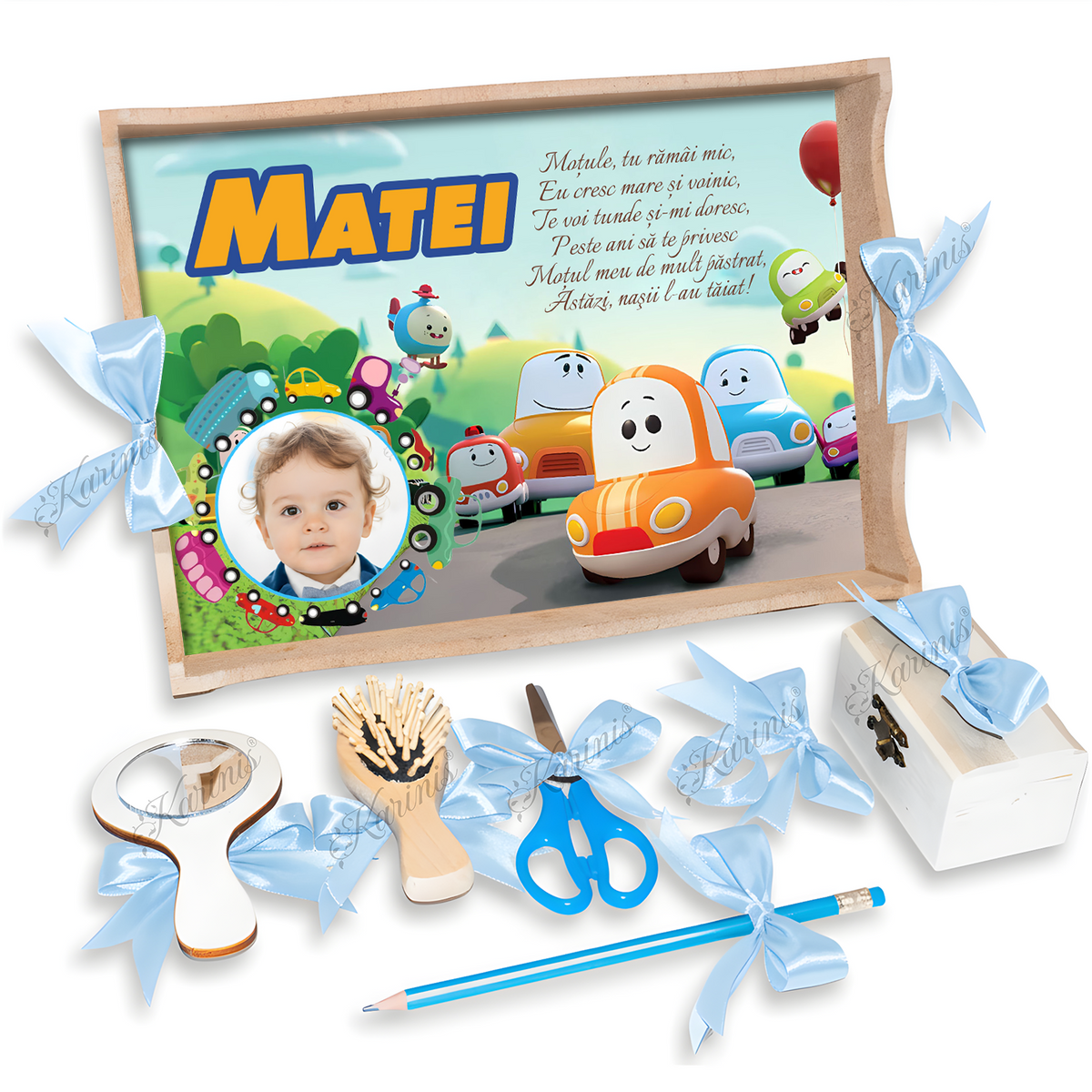 Set Tavita Mot Masinescu cu Funde Baby Blue Personalizata - Tăvița Personalizată