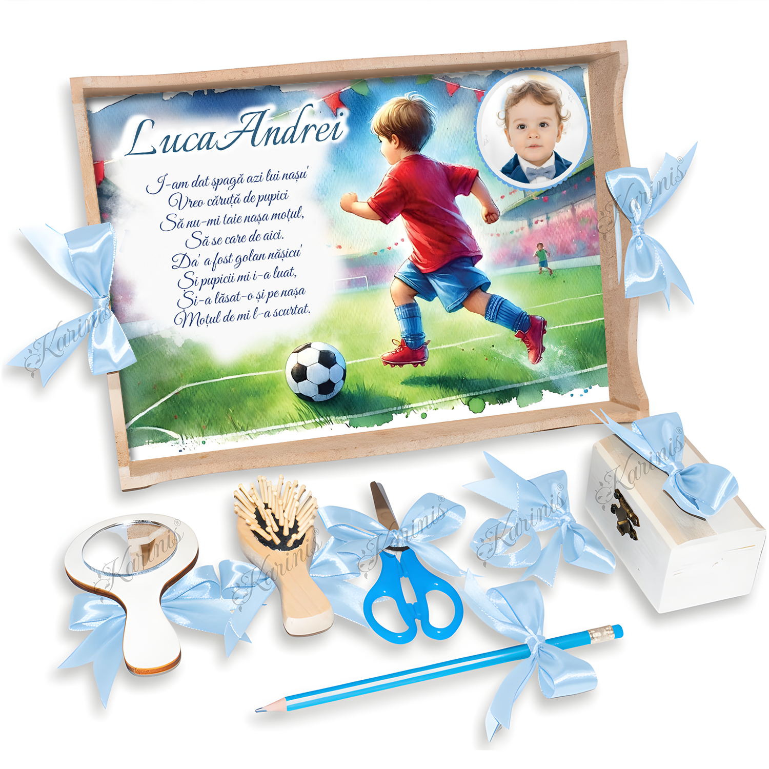 Tavita Mot Fotbalist Baby Blue – Set pentru Taierea Motului - Tăvița Personalizată