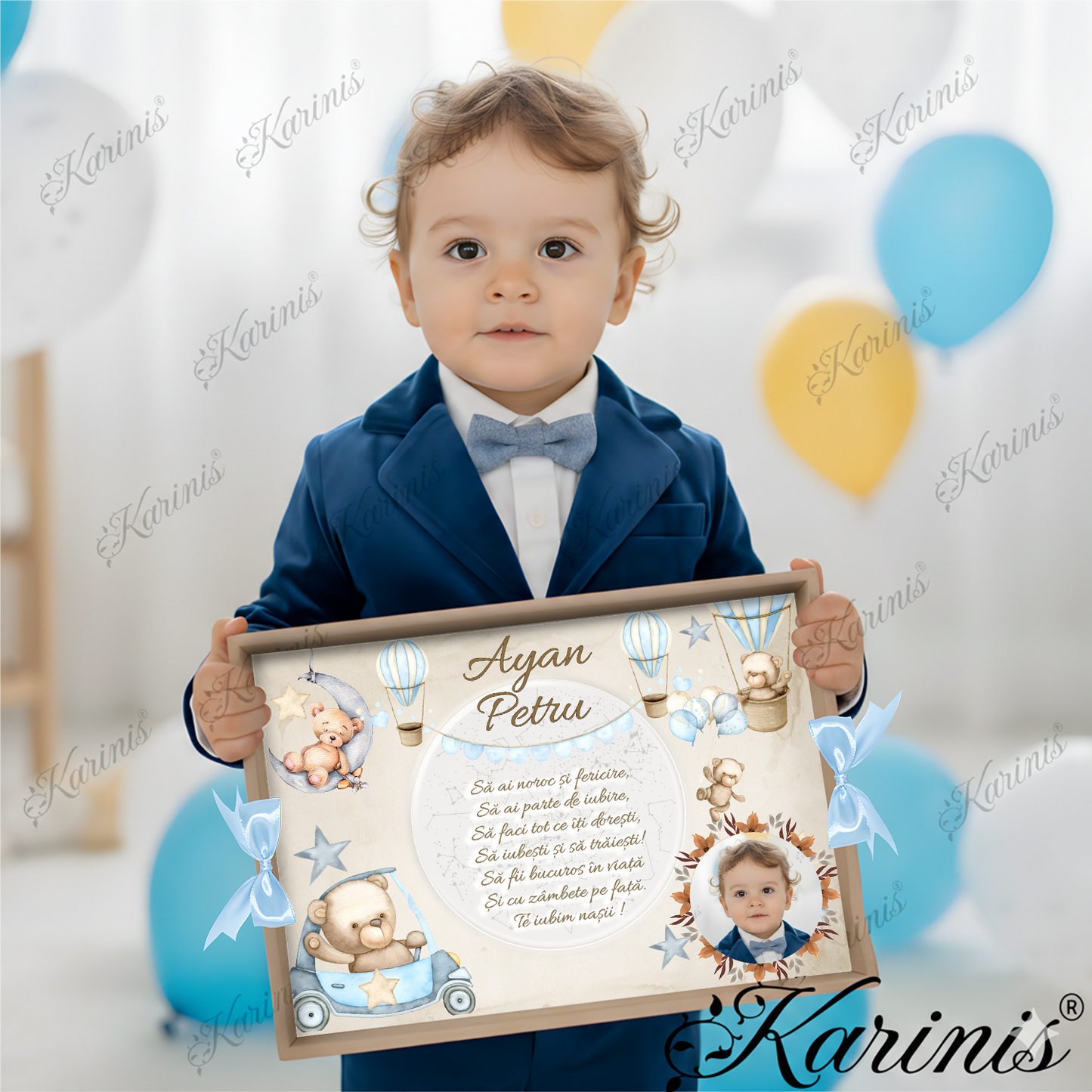 Set Tavita Mot Ursulet Maro Personalizata cu Funde Baby Blue