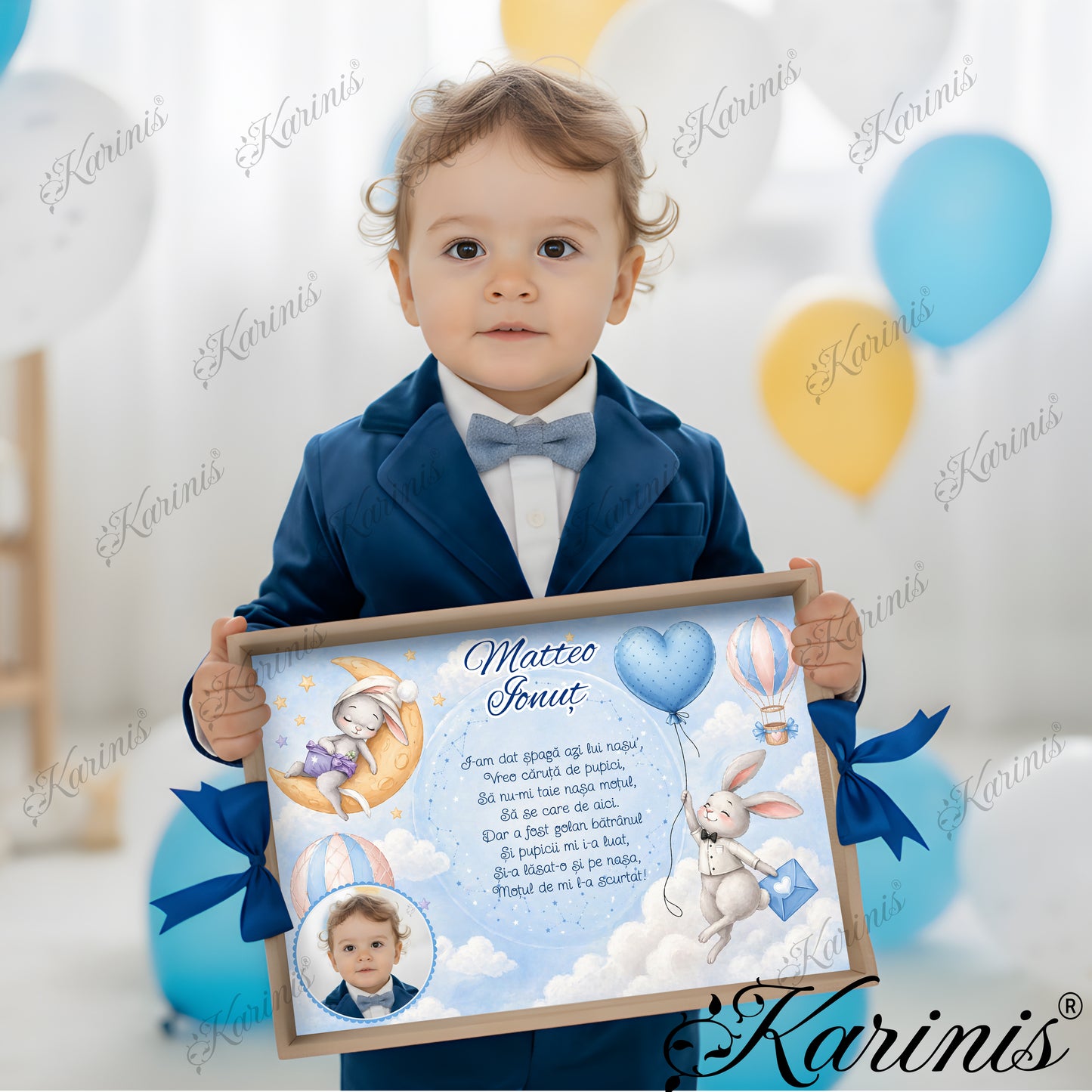 Tavita mot baiat personalizata cu iepuras pe luna, balon inima, norisori si fundite albastre