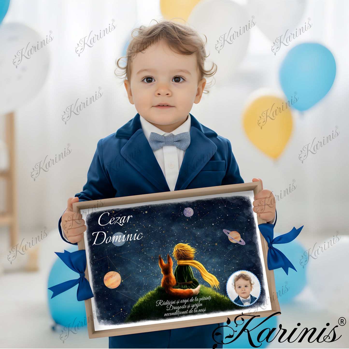 Tavita mot baiat personalizata cu Micul Print, vulpe, cer instelat, planete si fundite albastre