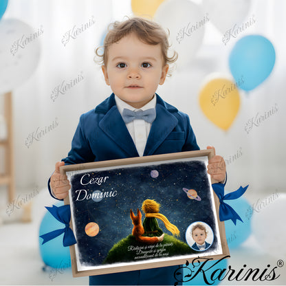 Tavita mot baiat personalizata cu Micul Print, vulpe, cer instelat, planete si fundite albastre