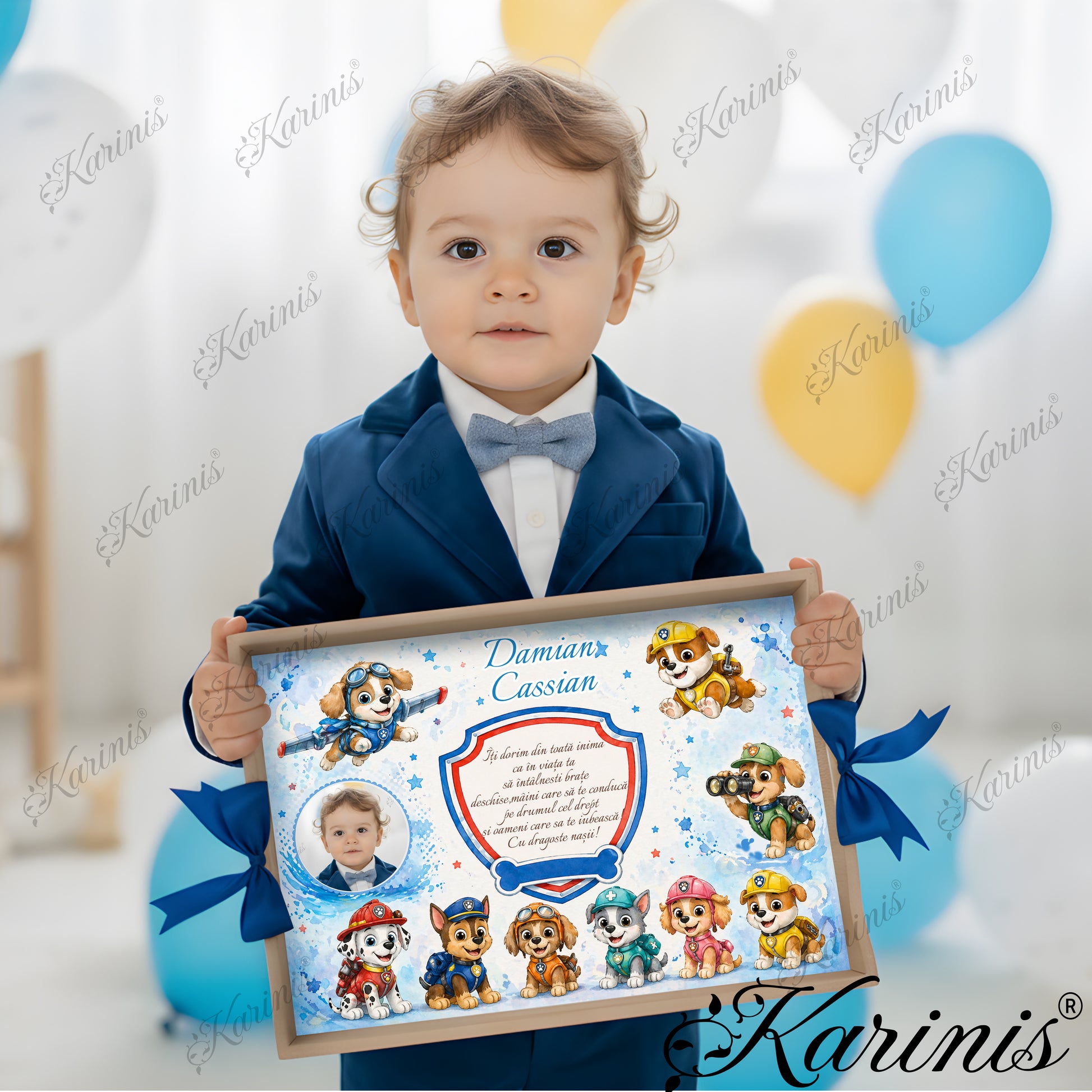 Tavita mot baiat personalizata cu catelusi salvatori, scut, stelute si fundite albastre