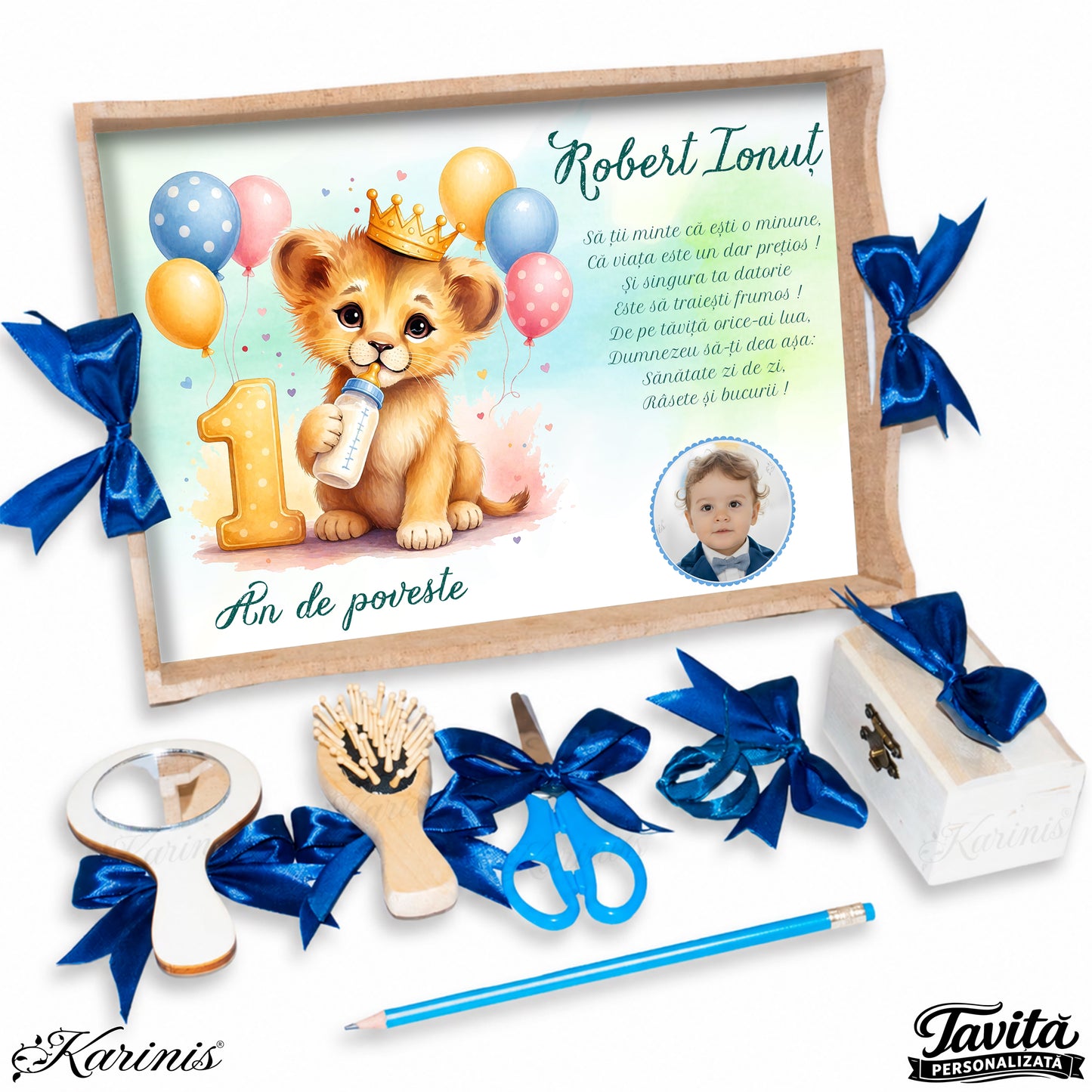 Tavita mot baiat personalizata cu leu baby, coroana, cifra 1, balonase si fundite albastre
