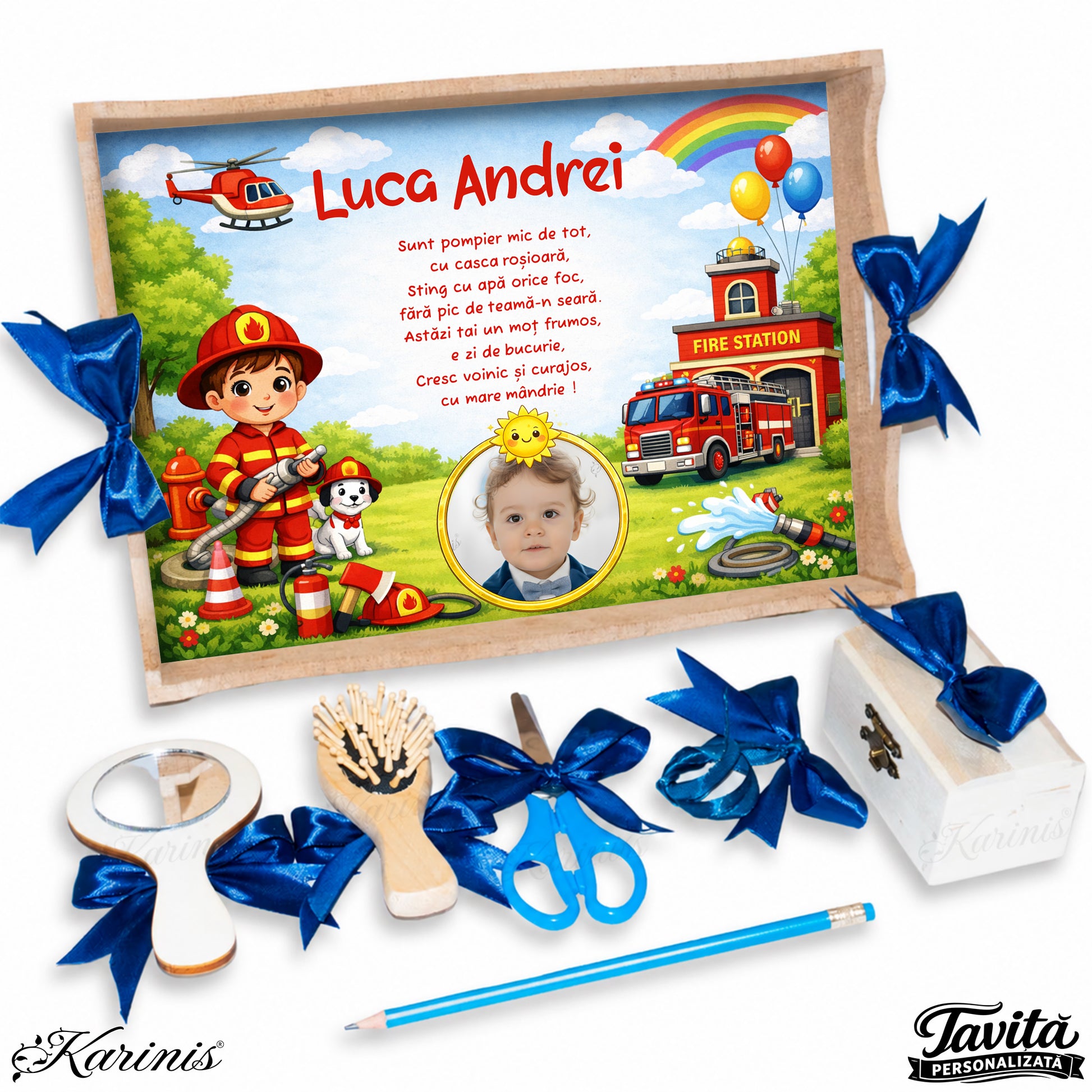 Tavita mot baiat personalizata cu pompier, masina de pompieri, statie, curcubeu si catelus