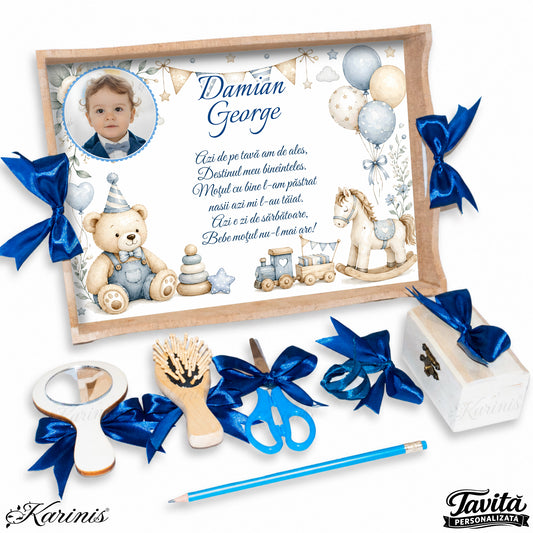 Set mot baiat aniversare 1 an cu tava personalizata, tematica ursulet si calut baby