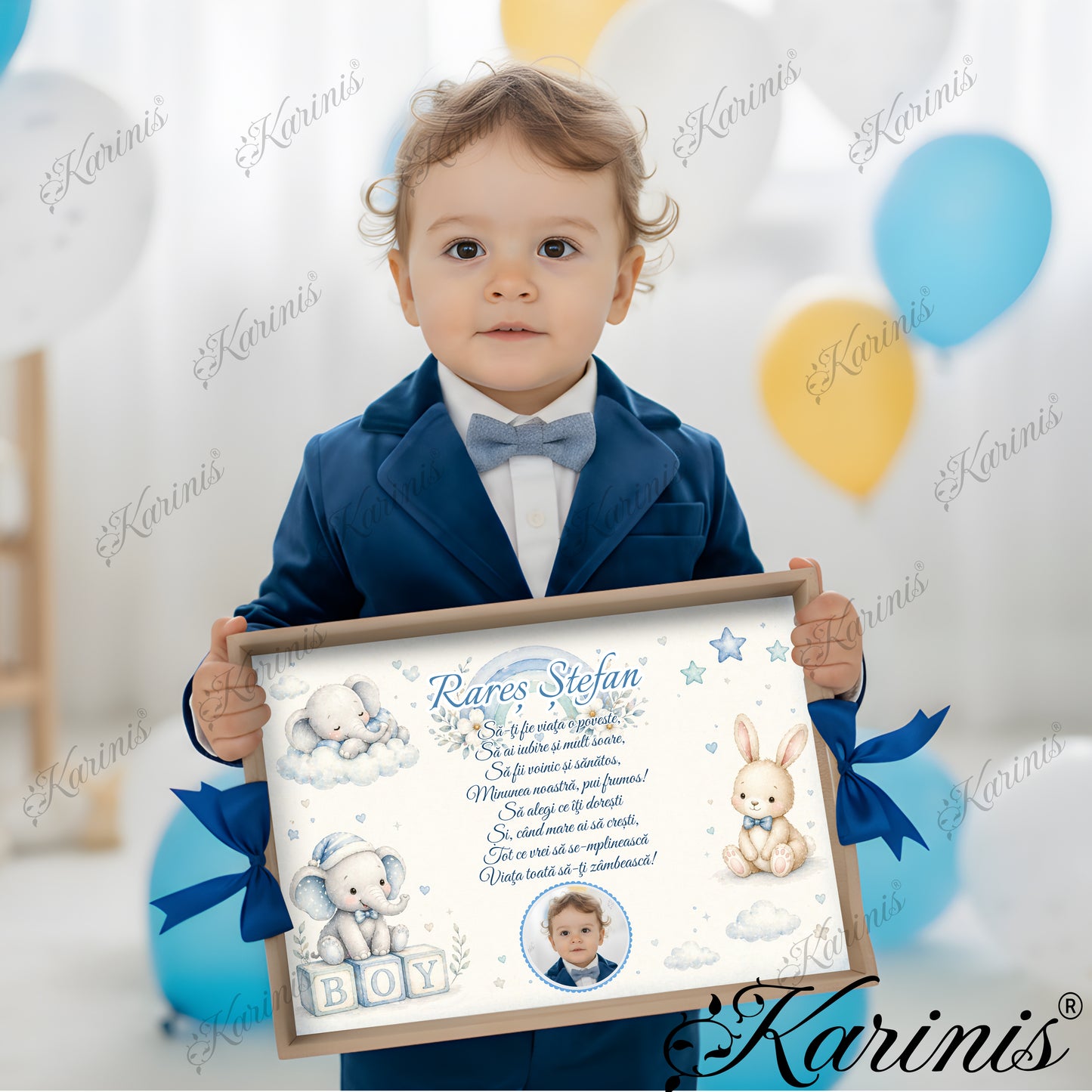 Tavita mot personalizata baiat cu elefantel, iepuras, norisori si fundite albastre