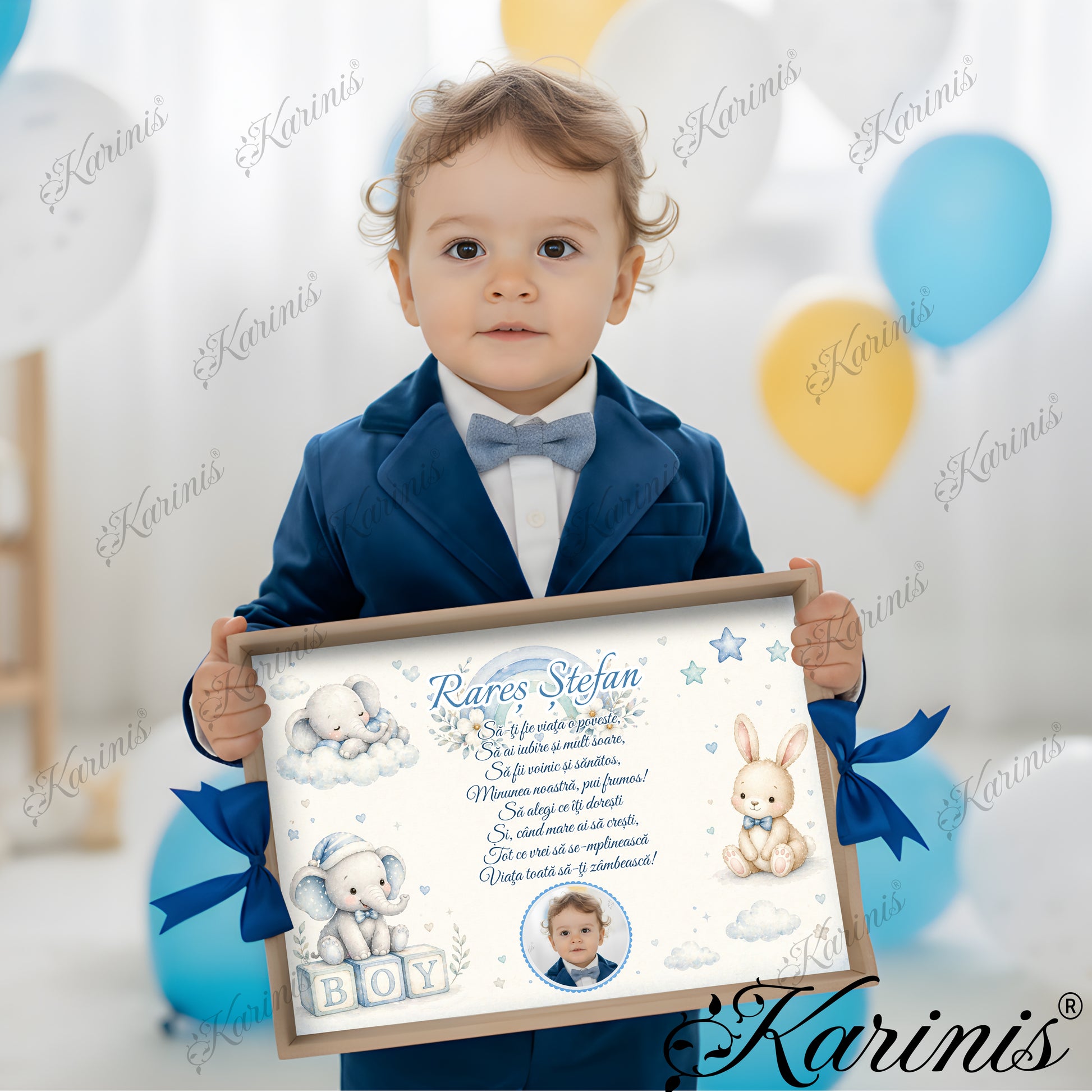 Tavita mot personalizata baiat cu elefantel, iepuras, norisori si fundite albastre