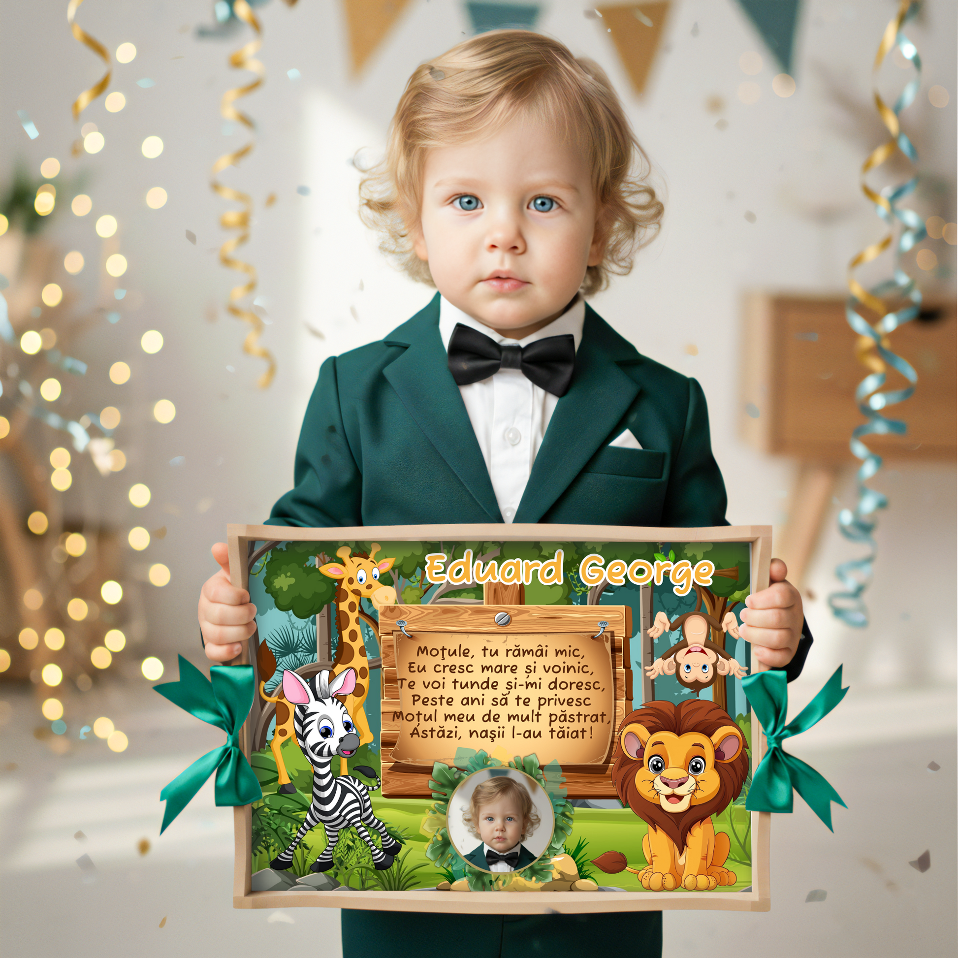 Tavita personalizata jungla-safari cu animale, ideala pentru taierea motului