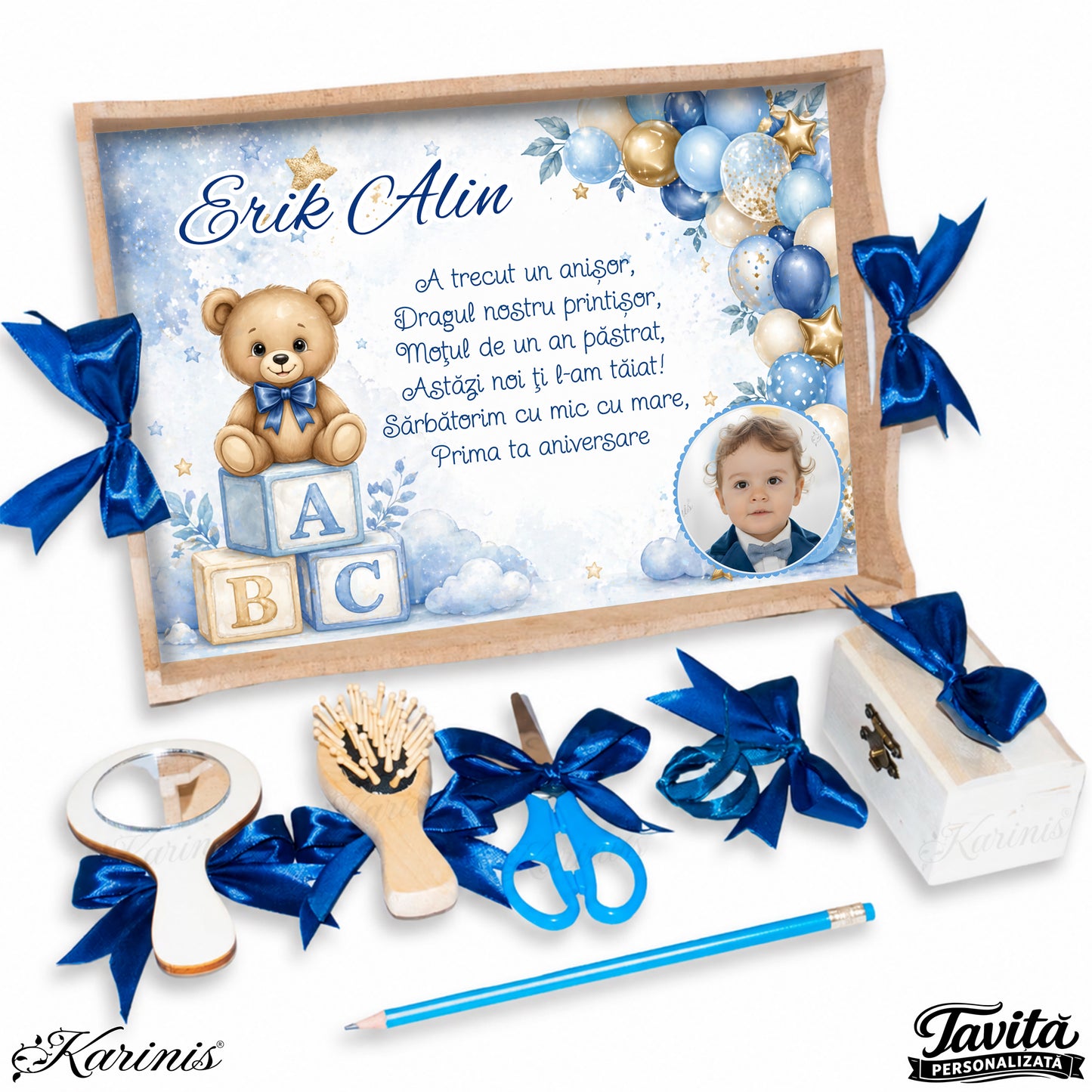 Set mot baiat aniversare 1 an cu tava personalizata, tematica ursulet baby si poza copil