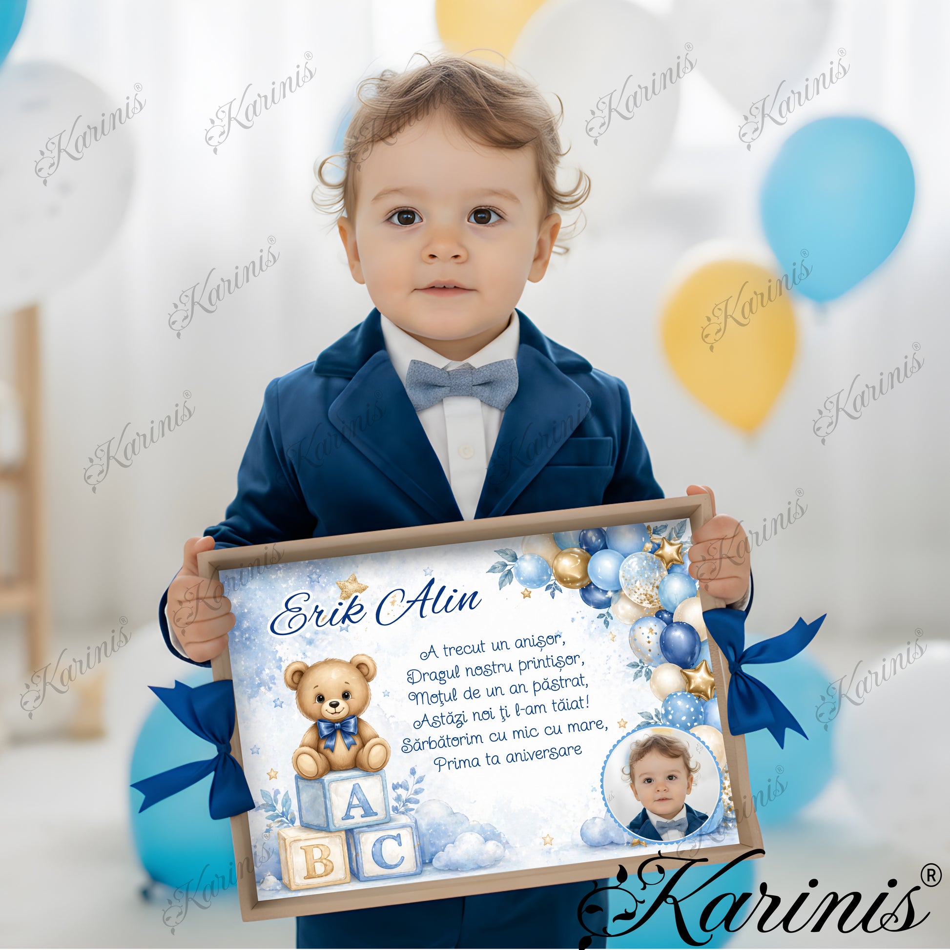 Tavita mot baiat personalizata cu ursulet, cuburi ABC, baloane albastre si stelute aurii