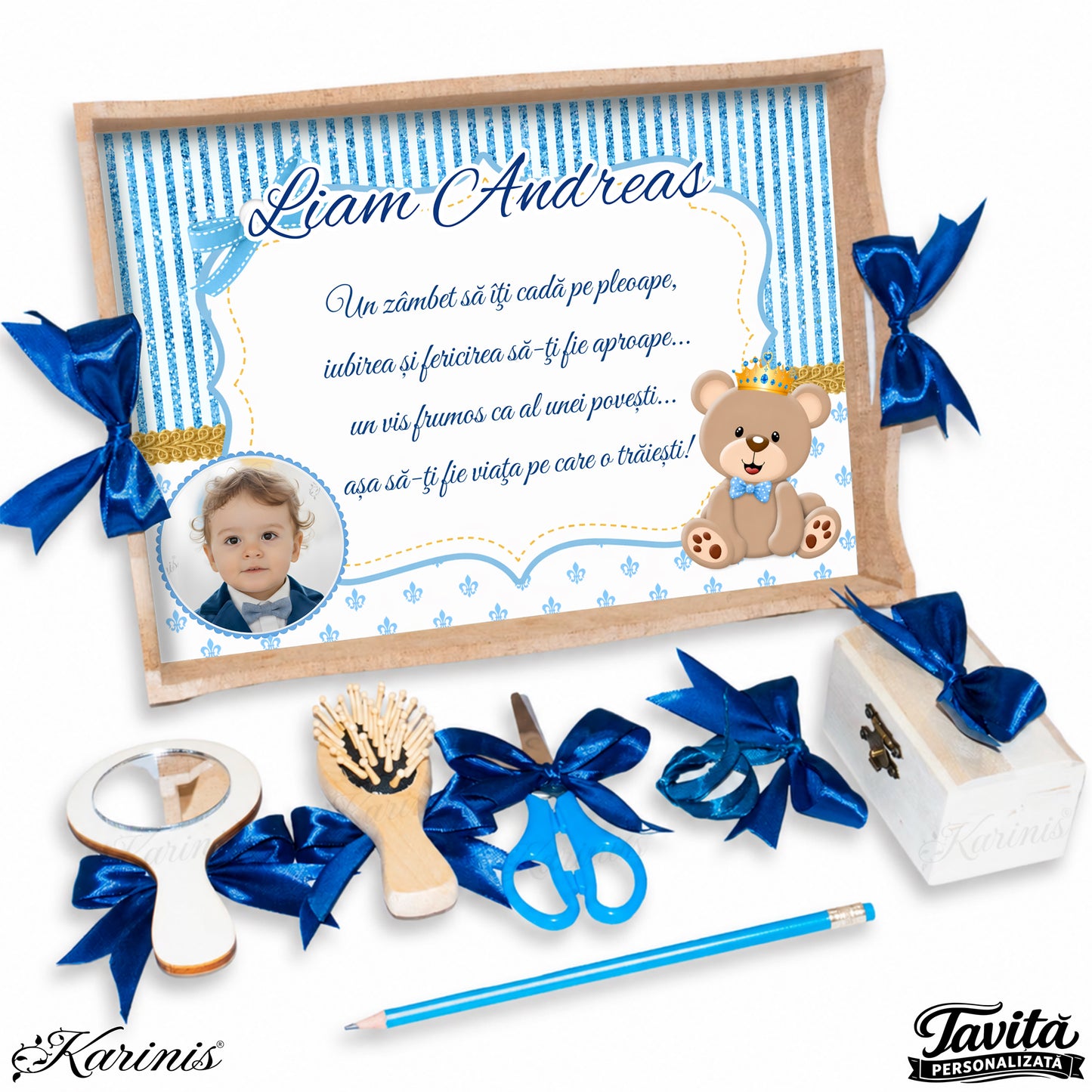 Set mot baiat aniversare 1 an cu tava personalizata, tematica ursulet regal si mesaj personalizat