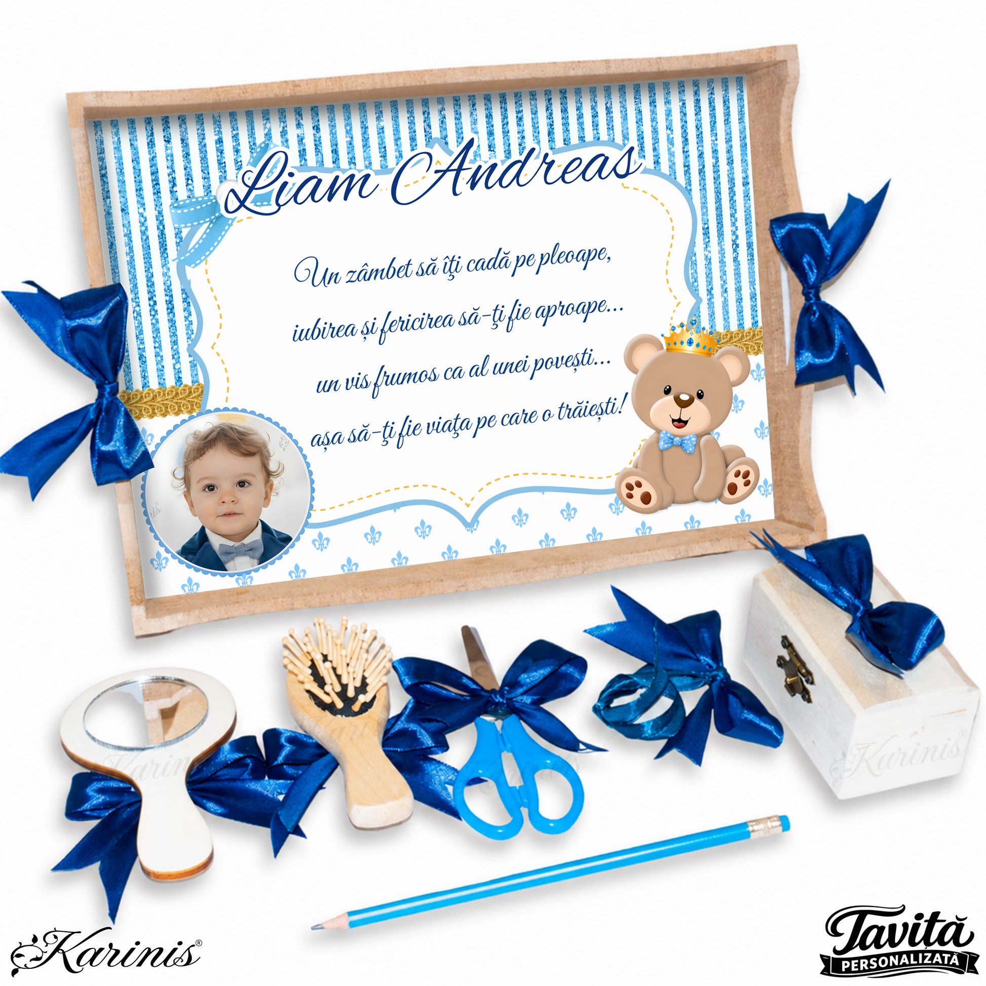 Set mot baiat aniversare 1 an cu tava personalizata, tematica ursulet regal si mesaj personalizat