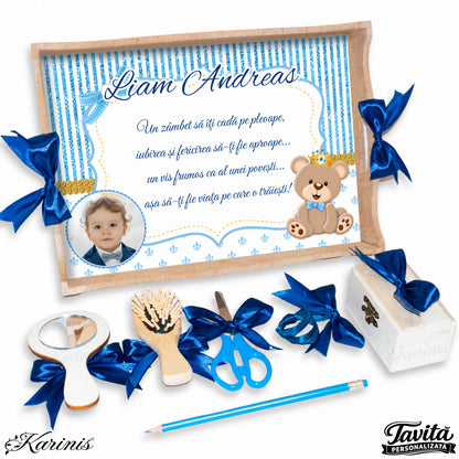 Set mot baiat aniversare 1 an cu tava personalizata, tematica ursulet regal si mesaj personalizat
