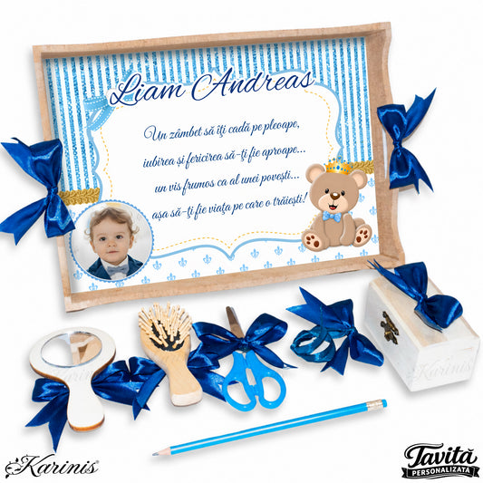 Set mot baiat aniversare 1 an cu tava personalizata, tematica ursulet regal si mesaj personalizat
