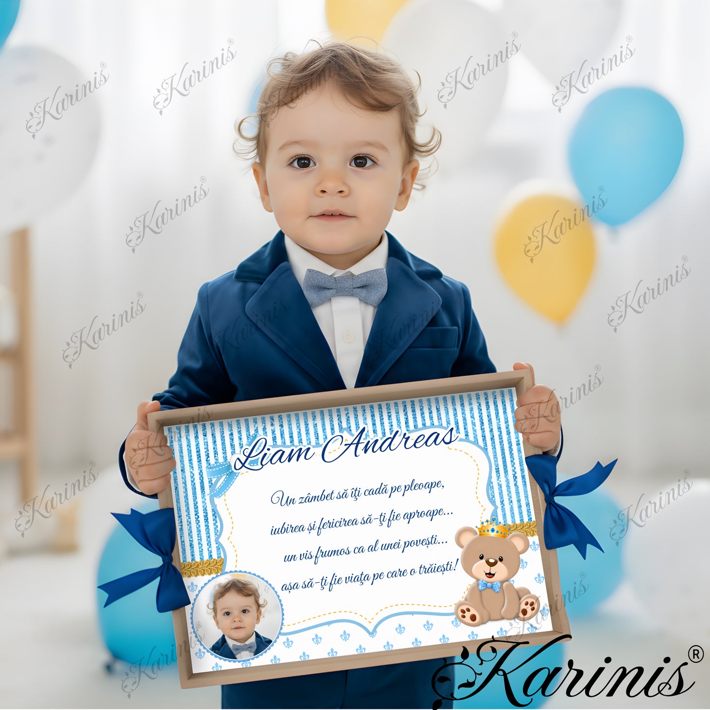 Tavita mot baiat personalizata cu ursulet print, fundal bleu elegant si poza copil