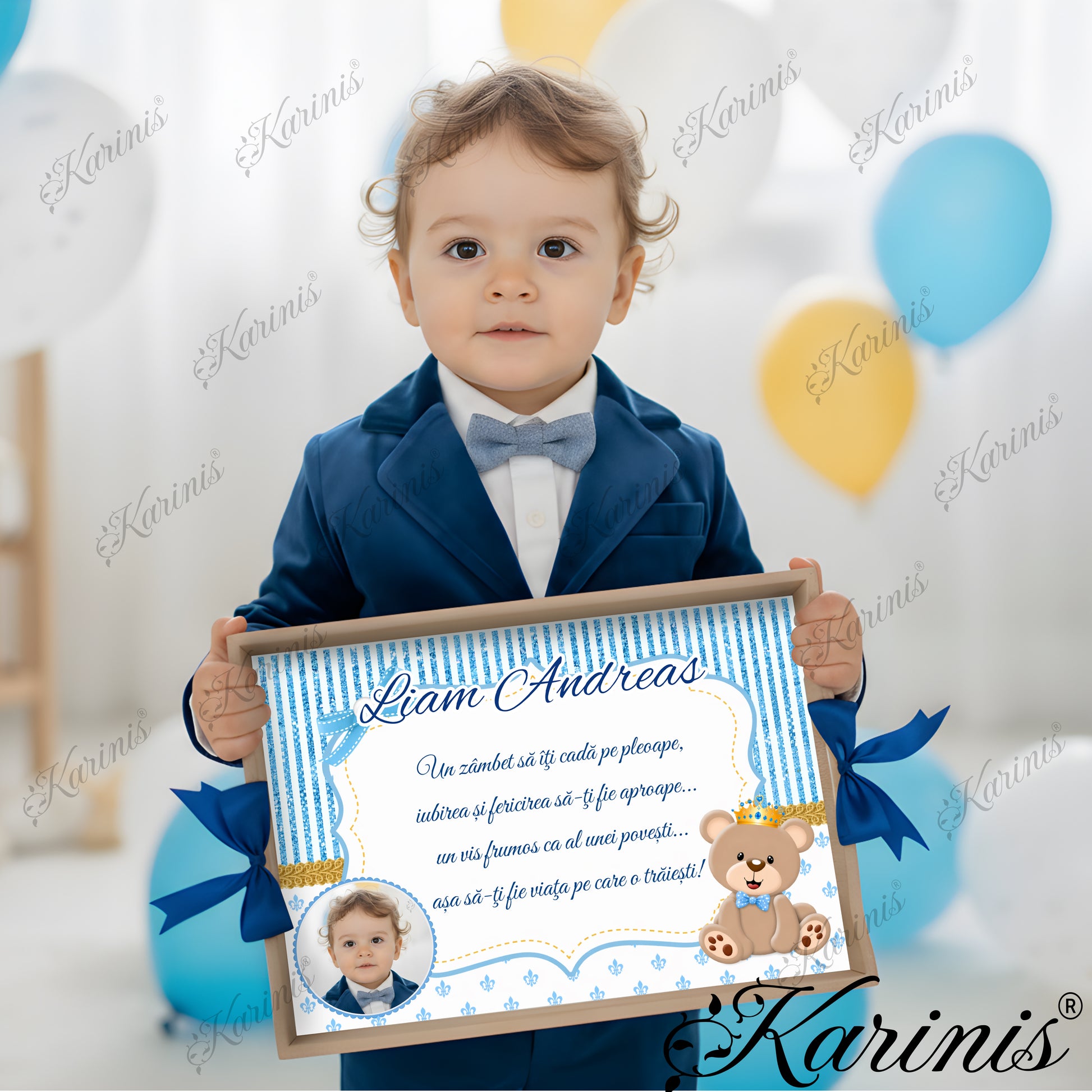 Tavita mot baiat personalizata cu ursulet print, fundal bleu elegant si poza copil