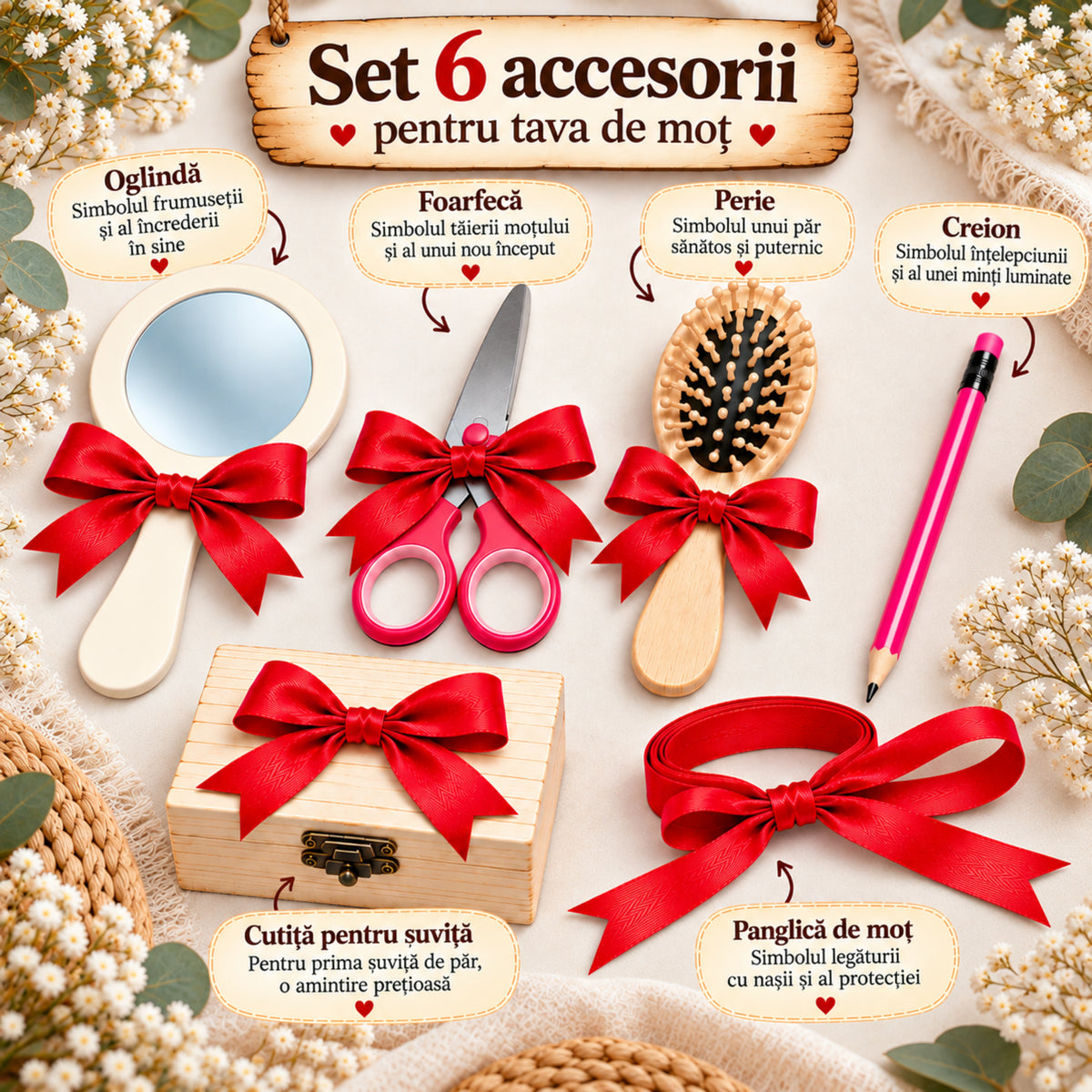 Tăviță Moț Fetițe cu Maci Roșii și Ursuleț – Set Personalizat 7 Piese