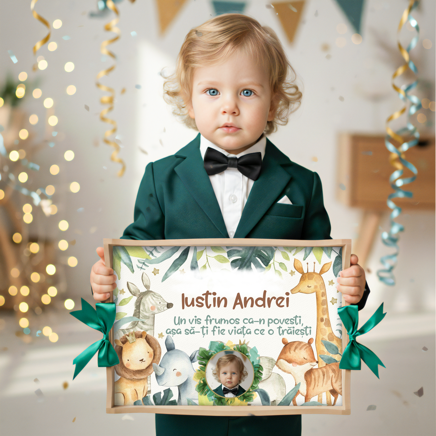 Set tavita mot cu animale din jungla, design safari in nuante de verde