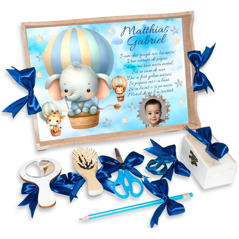 Tava pentru Mot Personalizata pentru baieti, Model Elefant, Culoare Natur, Funde Albastre