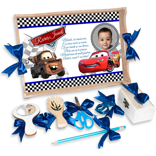 Tava pentru Mot Personalizata pentru baieti, Model Cars, Culoare Natur, Funde Albastre