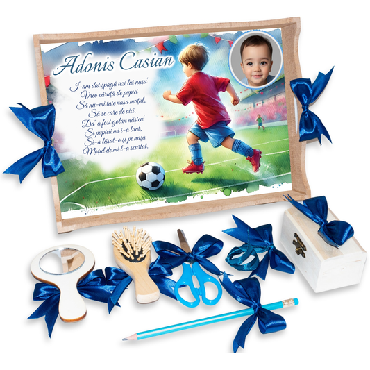 Tava pentru Mot Personalizata pentru baieti, Model Fotbalist, Culoare Natur, Funde Albastre