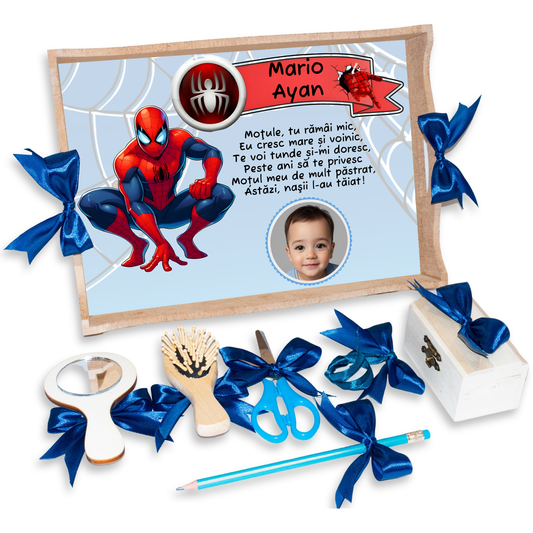 Tava pentru Mot Personalizata pentru baieti, Model Spiderman, Culoare Natur, Funde Albastre