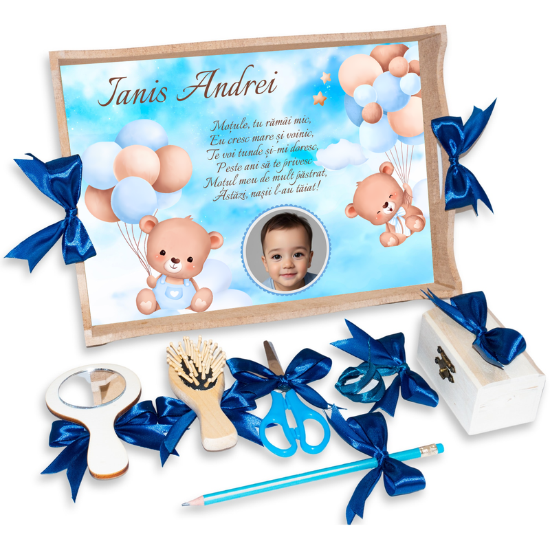 Tava pentru Mot Personalizata pentru baieti, Model Urs cu Baloane, Culoare Natur, Funde Albastre